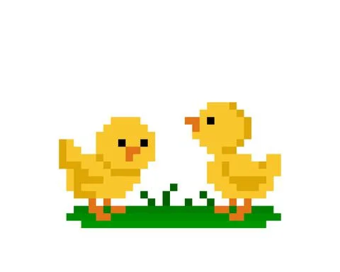 Pixel image of two chicks playing in the garden. Stock Illustration