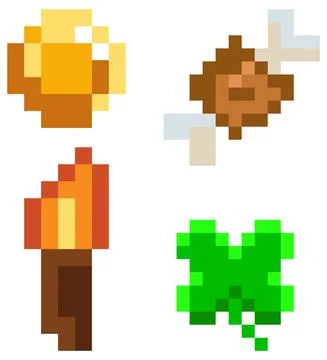 Pixel interface layout design with pixelated coin, leaf, meat bone, torch on Illustration