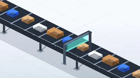 Pixel isometric conveyor belt animation scanning boxes in factory loop Stock Footage 346552697