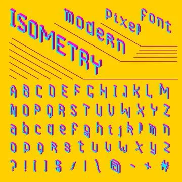 Pixel isometric font. 8-bit symbols. 3D Digital video game style. Letters and Stock Illustration