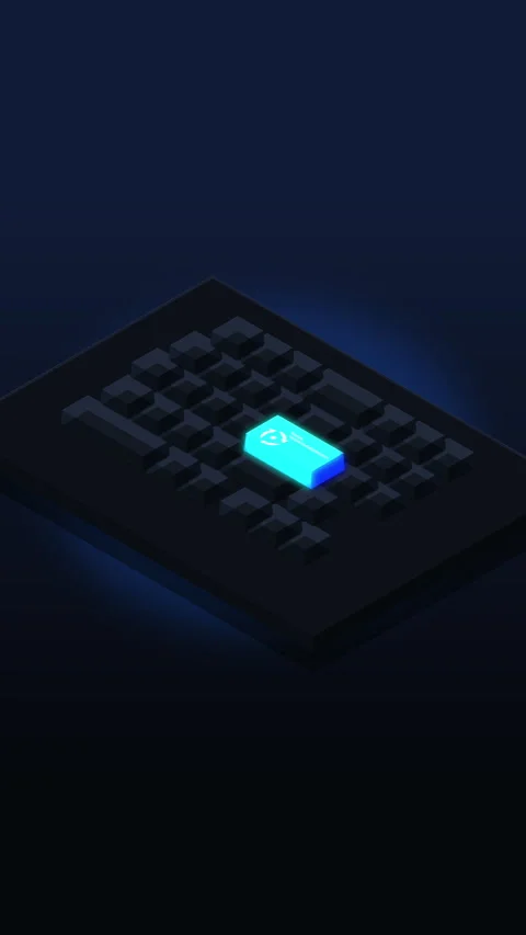 Pixel keyboard loop with glowing blue enter key in dark room Stock Footage 346638353