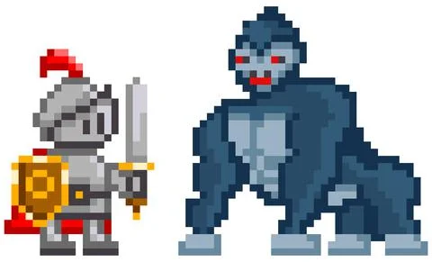 Pixel knight battling with huge monkey. Warrior holding shield and sword Ilustración de archivo