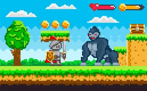 Pixel knight battling with huge monkey. Warrior holding shield and sword Ilustración de archivo