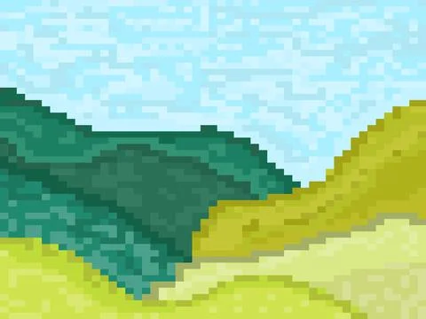 Pixel landscape with green meadows and hills. Retro 8-bit video game Illustrazione stock