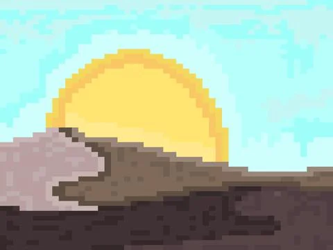 Pixel landscape with mountains and sun. Sunrise over the mountains in pixel イラスト素材