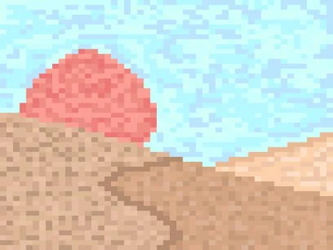 Pixel landscape with mountains and sun. Sunrise over the mountains in pixel イラスト素材