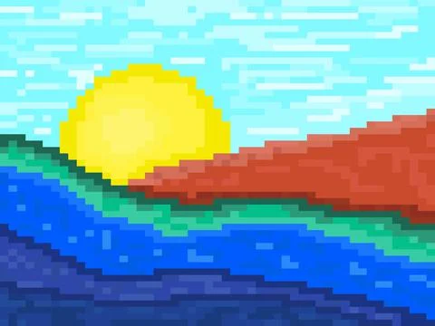 Pixel landscape with river, sun and hills. Sunrise over the mountains in pixel イラスト素材