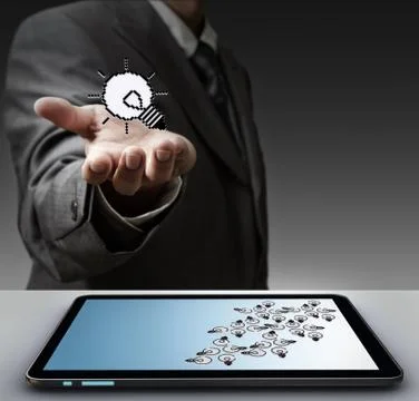 Pixel light bulb icon and tablet computer Stock Illustration