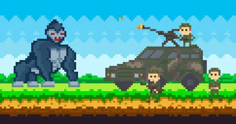 Pixel machine with military fighting big monkey. Pixel-game scene with soldiers Ilustración de archivo