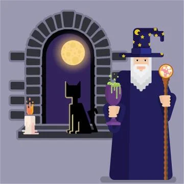 Pixel mage with  bowl and staff and night window . Cool and funny cartoon cha Stock Illustration