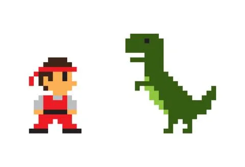 Pixel Man and Big Rex Dinosaur, Vector Poster イラスト素材