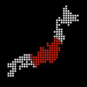 Pixel map of Japan with the flag inside. Vector Stock Illustration