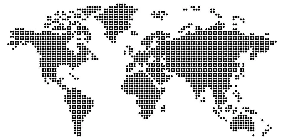 Pixel map of world. Dotted world map sign. Dotted map of world symbol. Stock-Illustration