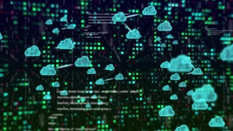 Pixel matrix pulsing, turquoise cloud icons rising and linking to show network Stock Footage 334321818