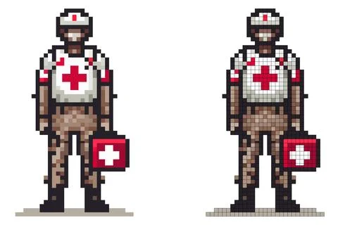 Pixel medic in uniform stands with a first aid kit. Always ready to help Stock Illustration