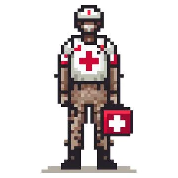 Pixel medic in uniform stands with a first aid kit. Always ready to help Stock Illustration