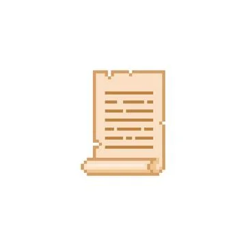 Pixel medieval scroll with text and curled edge. Vertically located torn papyrus Ilustración de archivo