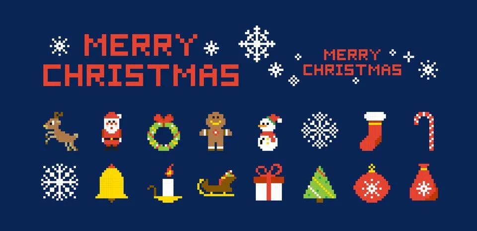 Pixel Merry Christmas Objects Set Stock Illustration