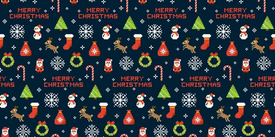 Pixel Merry Christmas Seamless Pattern Stock Illustration