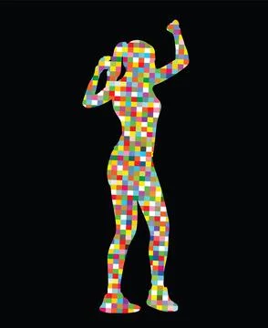 Pixel modern style party dancer urban girl vector silhouette Stock Illustration