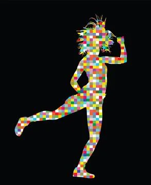Pixel modern style party dancer urban girl vector silhouette Stock Illustration
