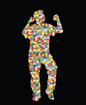Pixel modern style party dancer urban man vector silhouette Stock Illustration