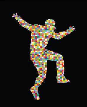 Pixel modern style party dancer urban man vector silhouette Stock Illustration