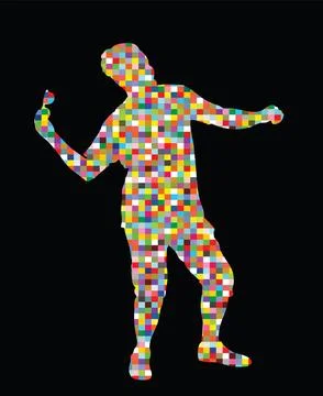 Pixel modern style party dancer urban man vector silhouette Stock Illustration