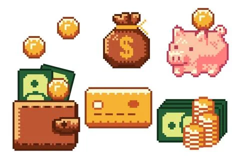 Pixel money icon set Stock Illustration