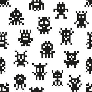 Pixel monsters, arcade game seamless pattern Stock Illustration