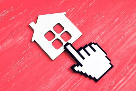 Pixel Mouse Pointer Figurine Clicks a Flat Home Shape Stock Photos