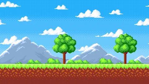 Pixel moving game landscape with ground, grass, trees, mountains, sky and clouds Stock-Footage 327680865