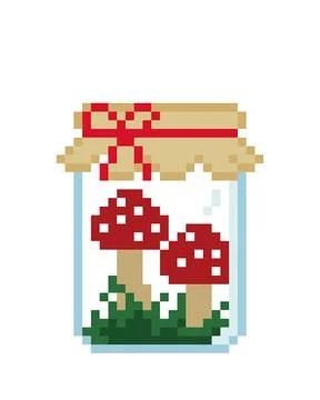 Pixel mushroom in the bottle. Vector illustration of a cross stitch and game  Stock Illustration