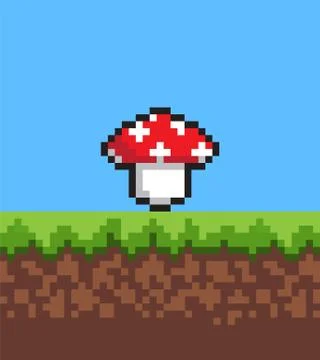 Pixel Mushroom on Cute 2d Meadow, Vector Banner 스톡 일러스트