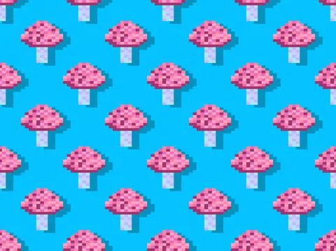 Pixel mushrooms seamless pattern. 8 bit mushroom, retro graphics in the style Stock Illustration