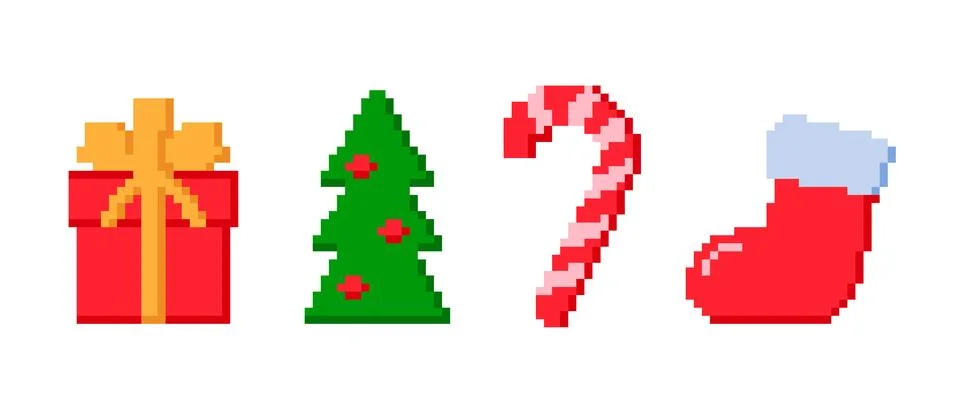 Pixel objects set. Christmas tree, socks, candy cane, gift pixelated elements Stock Illustration