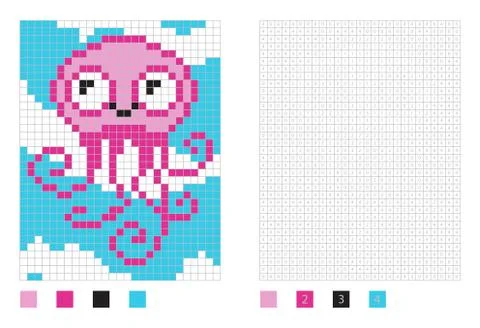 Pixel octopus cartoon in the coloring page with numbered squares Stock Illustration