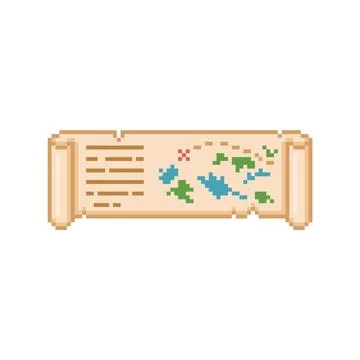 Pixel old torn parchment with map, with curled edges. Stock Illustration