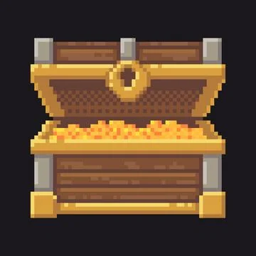 Pixel open treasure chest with gold coins Ilustração Stock