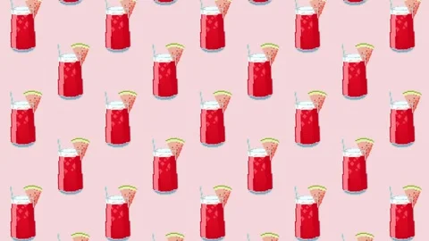 Pixel pattern animation of red watermelon cocktail with straw. Stock Footage 310744182