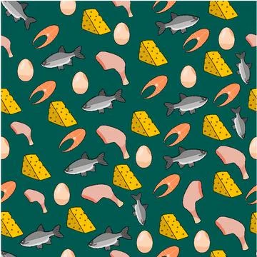 Pixel pattern of icons of animal products for proper nutrition on a green b.. Illustrazione stock