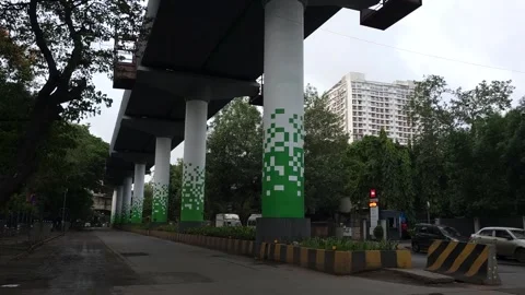 The pixel pattern painted on the pillars of metro line 4 track along the LB.. Stock Footage 283578619