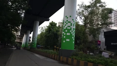 The pixel pattern painted on the pillars of metro line 4 track along the LB.. Stock Footage 283578677