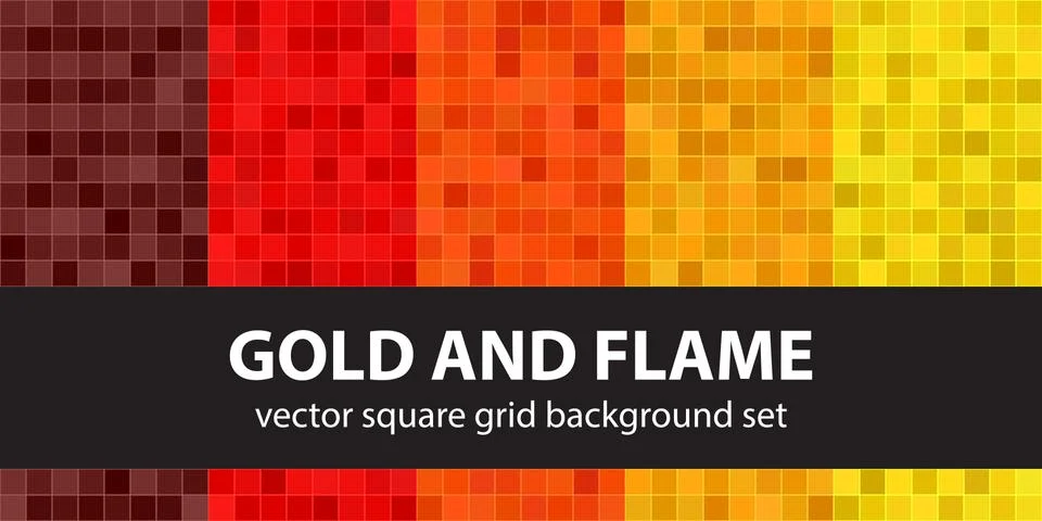 Pixel pattern set "Gold and Flame". Vector seamless pixel art backgrounds イラスト素材