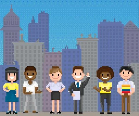 Pixel people for old game layout stand against background of cityscape with Ilustración de archivo