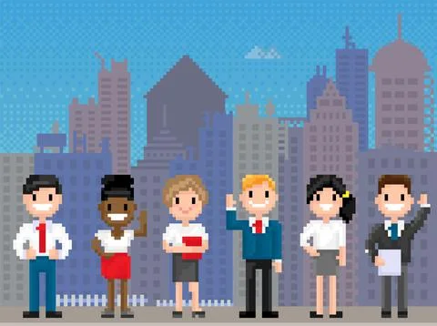 Pixel people for old game layout stand against background of cityscape with Ilustración de archivo