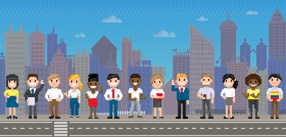 Pixel people for old game layout stand against background of cityscape with Ilustración de archivo
