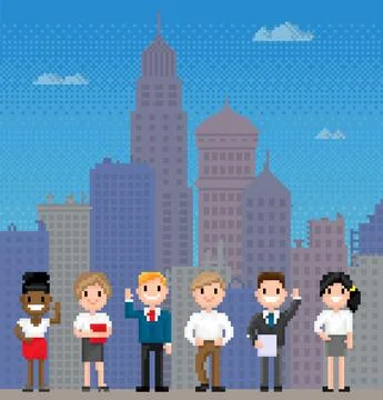 Pixel people for old game layout stand against background of cityscape with Ilustración de archivo