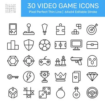 Pixel perfect black thin line icon set of video game. Editable stroke vector Stock Illustration