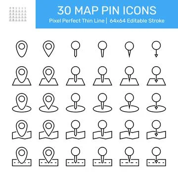 Pixel perfect black thin line icon set of a map pin location. Editable stroke Stock Illustration